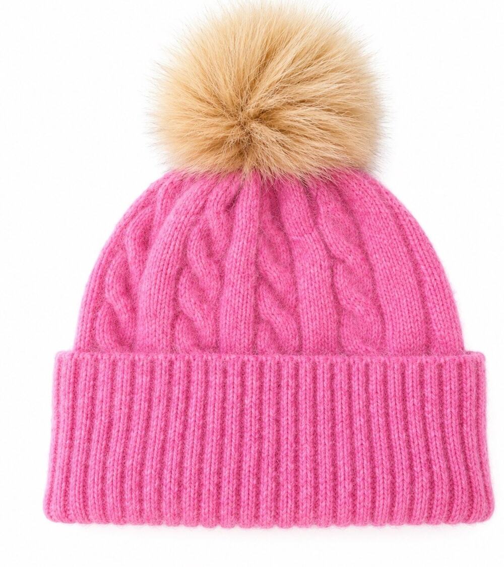 J Crew Pink Cable Knit Pom Beanie Winter Hat Womens Toboggan Faux Fur Wool